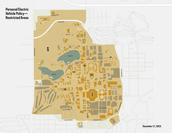 Map of campus area where Personal Electronic Vehicle are restricted