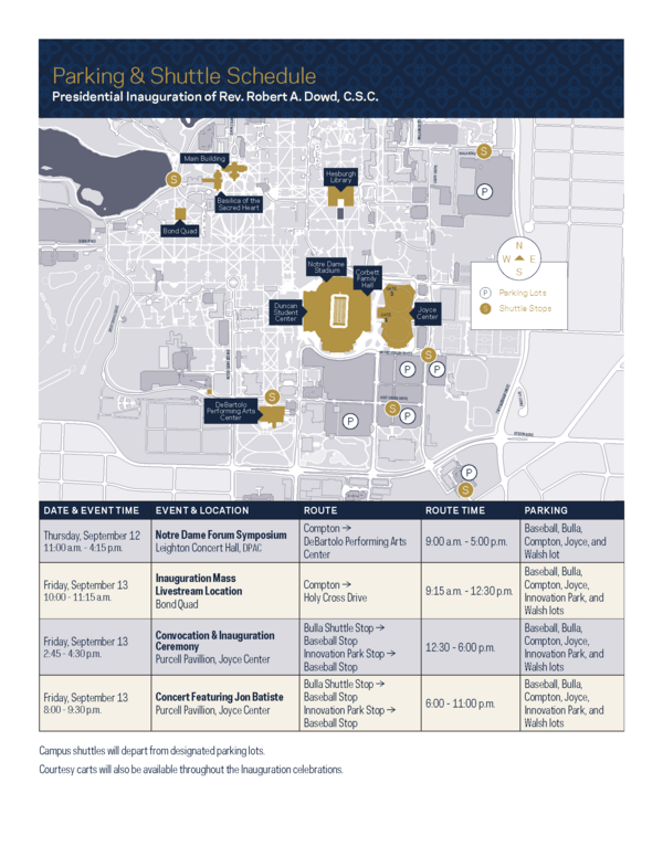 Parking and Shuttle Maps for the Presidential Inauguration of Rev. Robert Dowd, C.S.C.