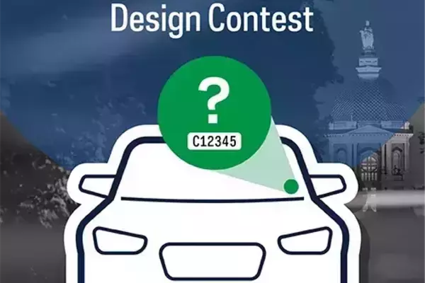 The text "Student Parking Permit Design Contest" appears above a white outlined car. A green circular icon with a question mark highlights a parking permit (C12345) on the windshield, with the Golden Dome in the background.